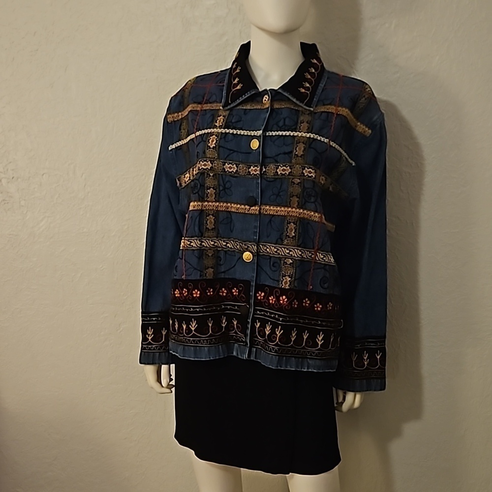 VTG TANTRUMS 1990s Denim Brocade Ribbon Embroidered Button Down Festival Shacket - Picture 3 of 8